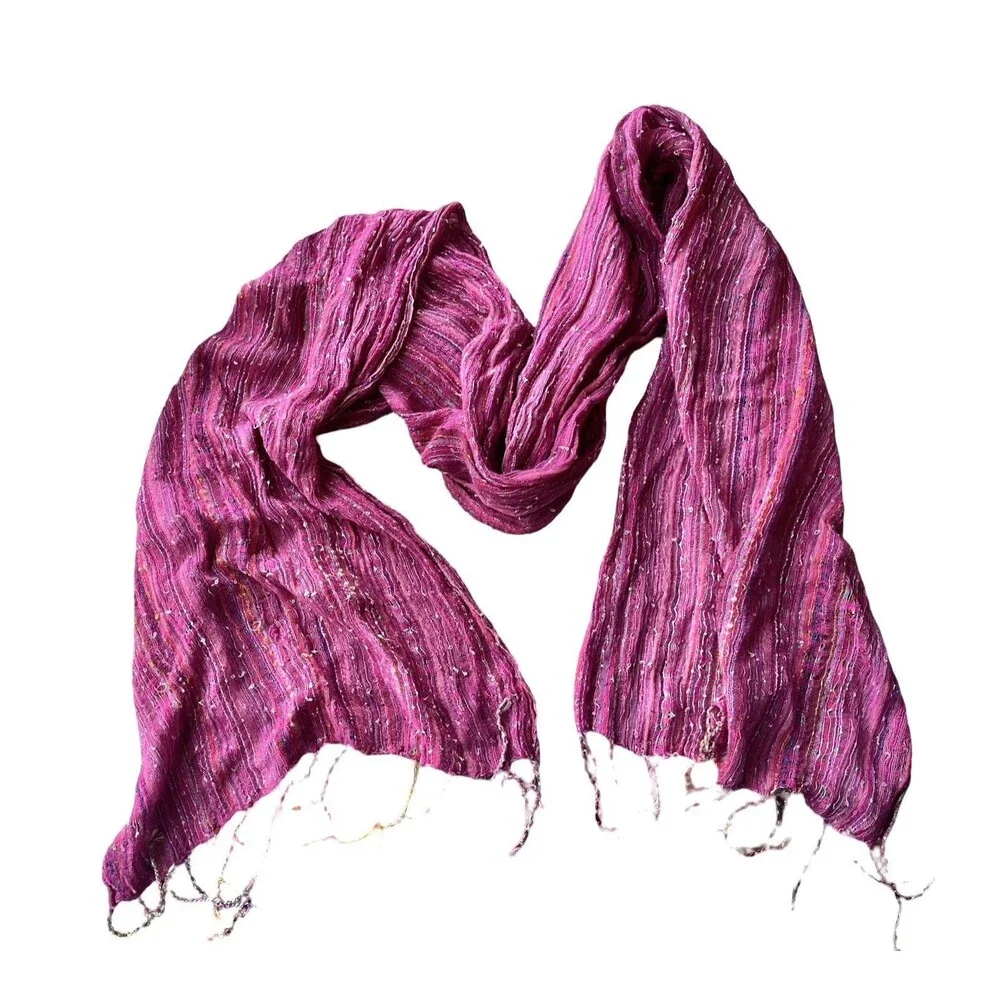 Handmade Nepal Pink Woven Scarf Shawl Wrap Fringe Boho Festival Lightweight
